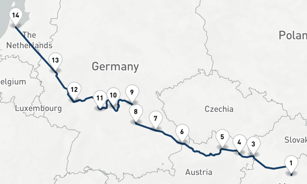 14 nights / 15 days, one-way from Budapest to Amsterdam (Holland)