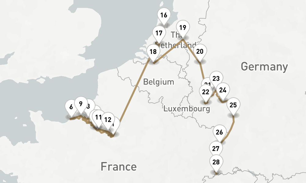 24 nights / 25 days, one-way from Paris to Basel