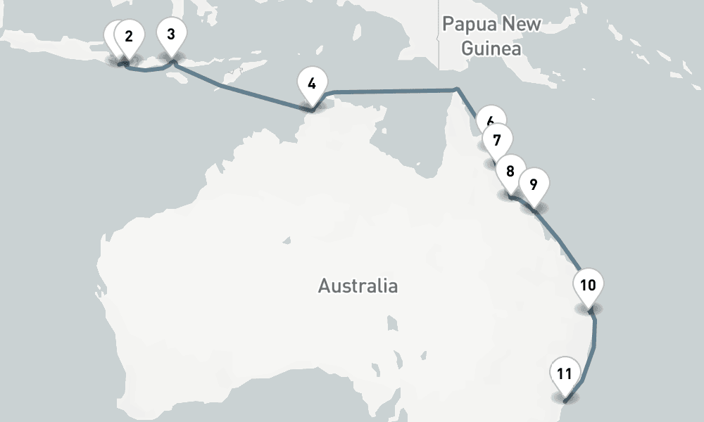 16 nights / 17 days, one-way from Benoa (Bali, Indonesia) to Sydney (NSW, Australia)