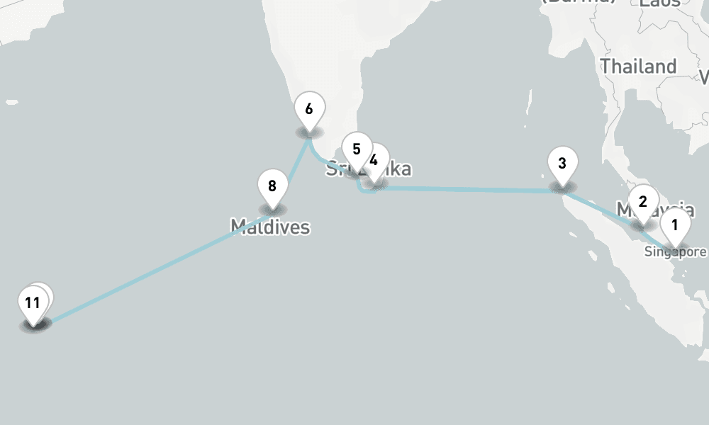 16 nights / 17 days, one-way from Singapore to Mahe Island (Victoria, Seychelles)