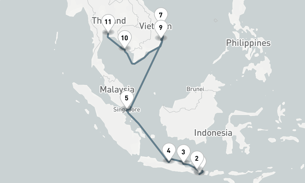 14 nights / 15 days, one-way from Benoa (Bali, Indonesia) to Laem Chabang (Bangkok, Thailand)