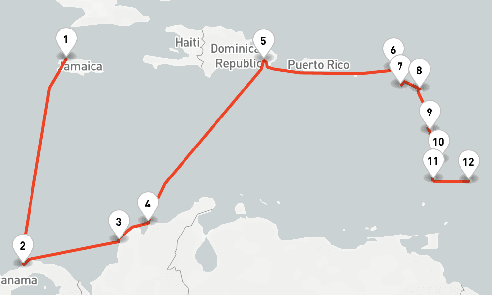 14 nights / 15 days, one-way from Montego Bay to Bridgetown (Barbados)