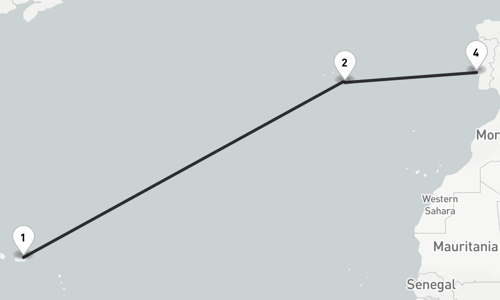 12 nights / 13 days, one-way from San Juan (Puerto Rico) to Lisbon