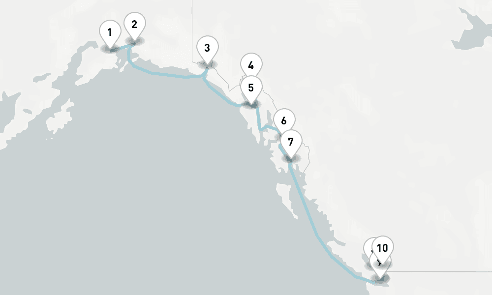 11 nights / 12 days, one-way from Whittier (Alaska) to Vancouver (BC Canada)