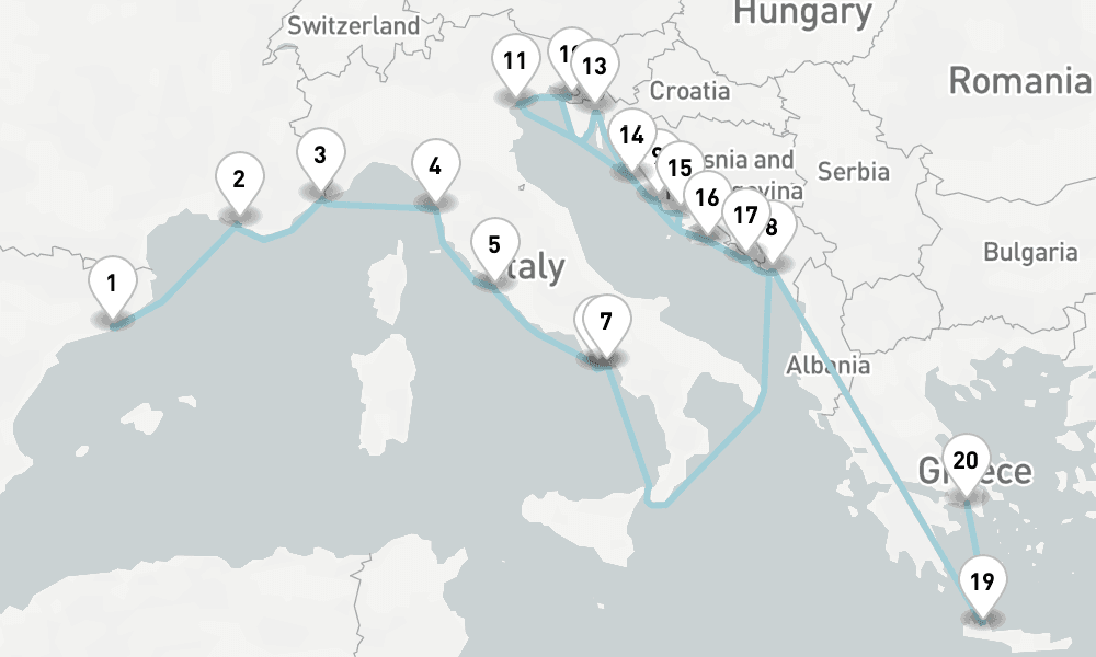21 nights / 22 days, one-way from Barcelona to Piraeus (Athens, Greece)