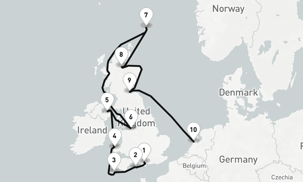 11 nights / 12 days, one-way from Southampton (England) to IJmuiden (Holland)