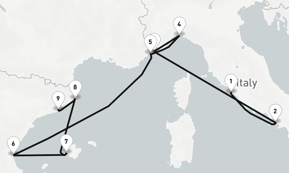 10 nights / 11 days, one-way from Civitavecchia (Rome, Italy) to Barcelona