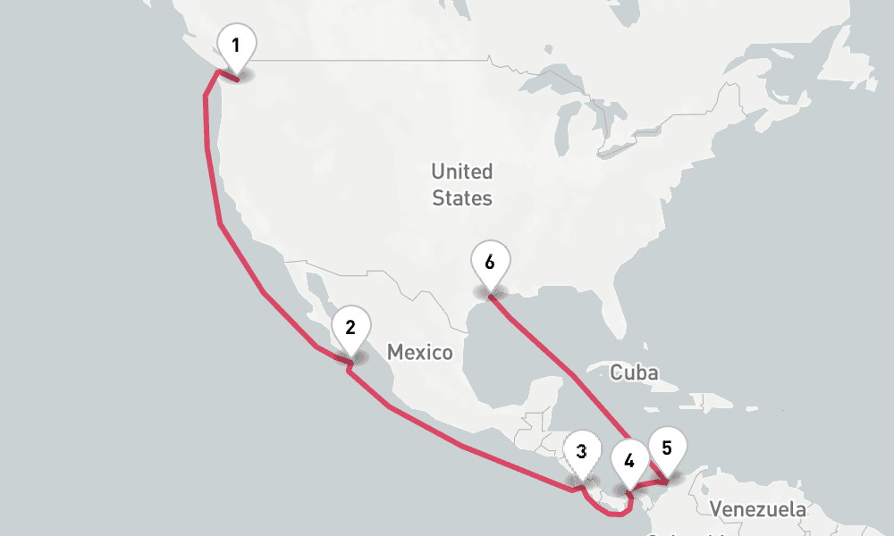 16 nights / 17 days, one-way from Seattle (Washington) to Galveston (Texas)