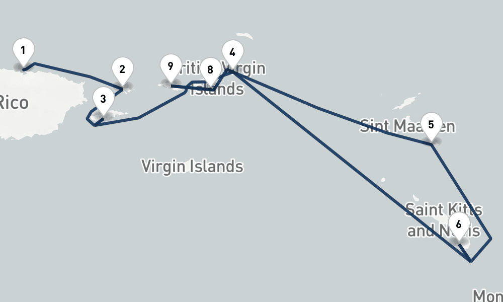 7 nights / 8 days, one-way from San Juan (Puerto Rico) to Saint Thomas Island (Charlotte Amalie, USVI)