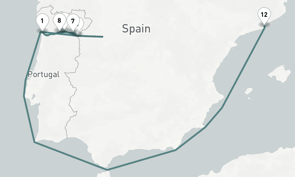 10 nights / 11 days, one-way from Porto to Barcelona