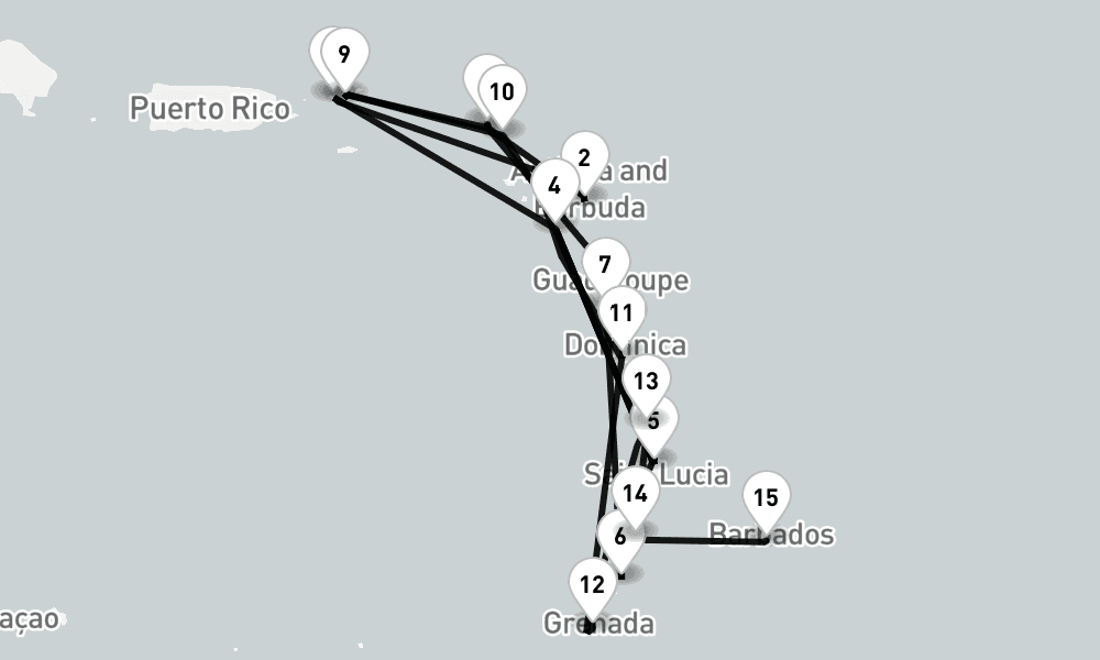 14 nights / 15 days, one-way from Philipsburg (St Maarten Island, Dutch Antilles) to Bridgetown (Barbados)