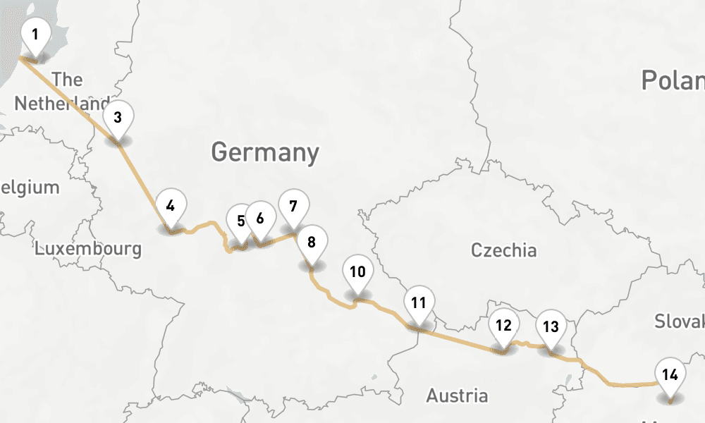 14 nights / 15 days, one-way from Amsterdam (Holland) to Budapest