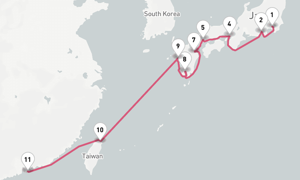 13 nights / 14 days, one-way from Yokohama (Tokyo, Japan) to Hong Kong