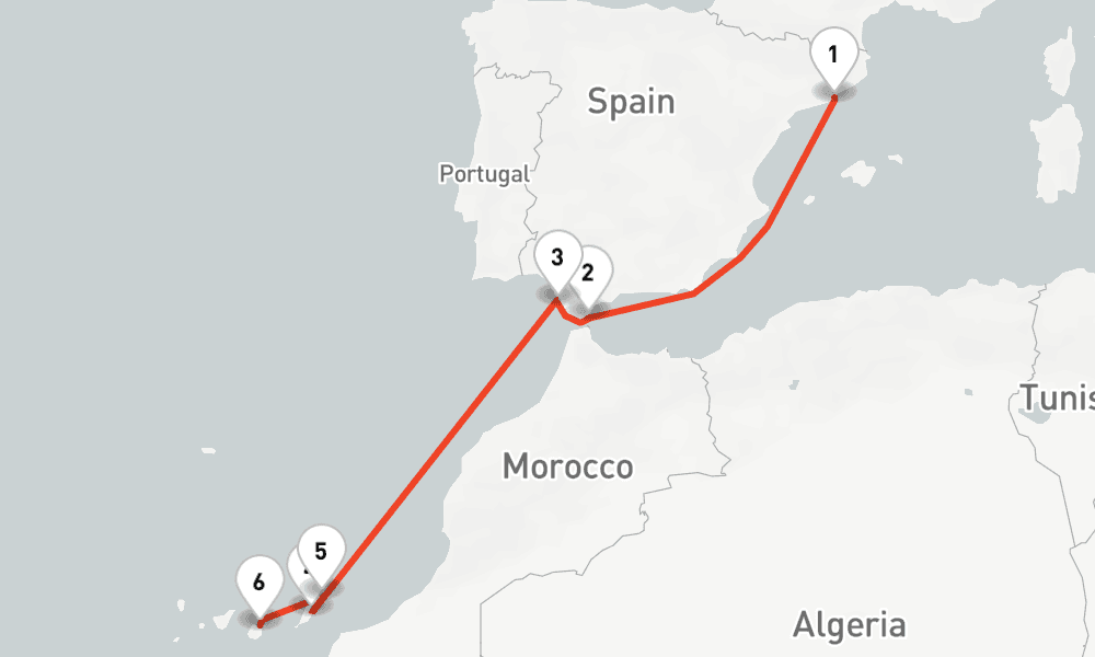 7 nights / 8 days, one-way from Barcelona to Las Palmas (Gran Canaria, Canary Islands)