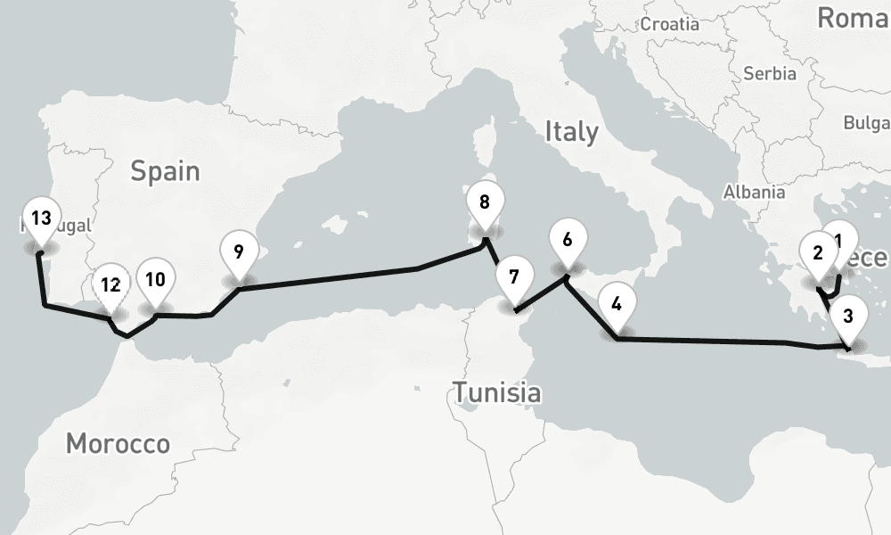 15 nights / 16 days, one-way from Piraeus (Athens, Greece) to Lisbon