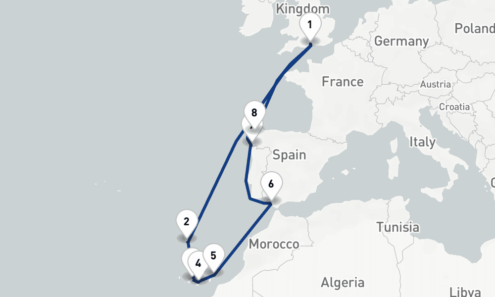 14 nights / 15 days, Southampton (England) Round trip