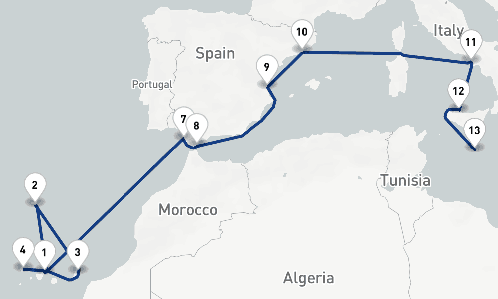 19 nights / 20 days, one-way from Santa Cruz de Tenerife (Canary Islands) to Valletta
