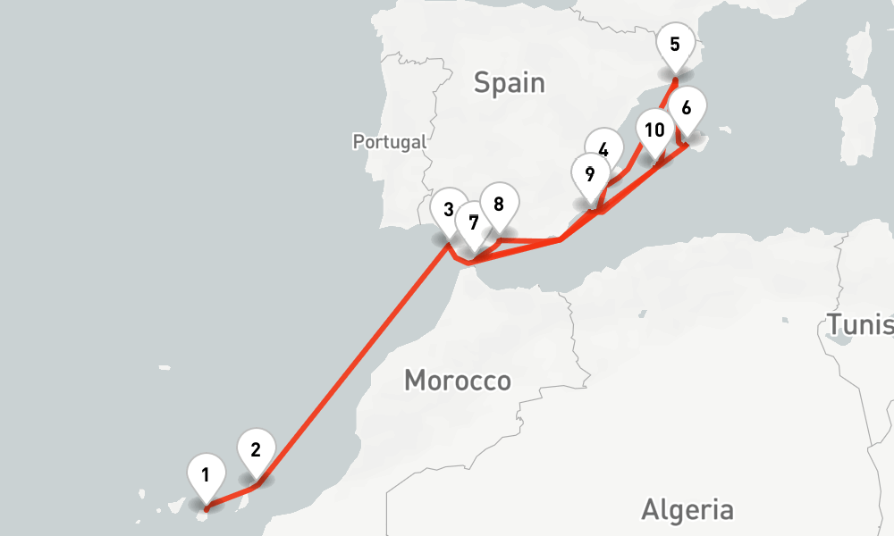 13 nights / 14 days, one-way from Las Palmas (Gran Canaria, Canary Islands) to Barcelona