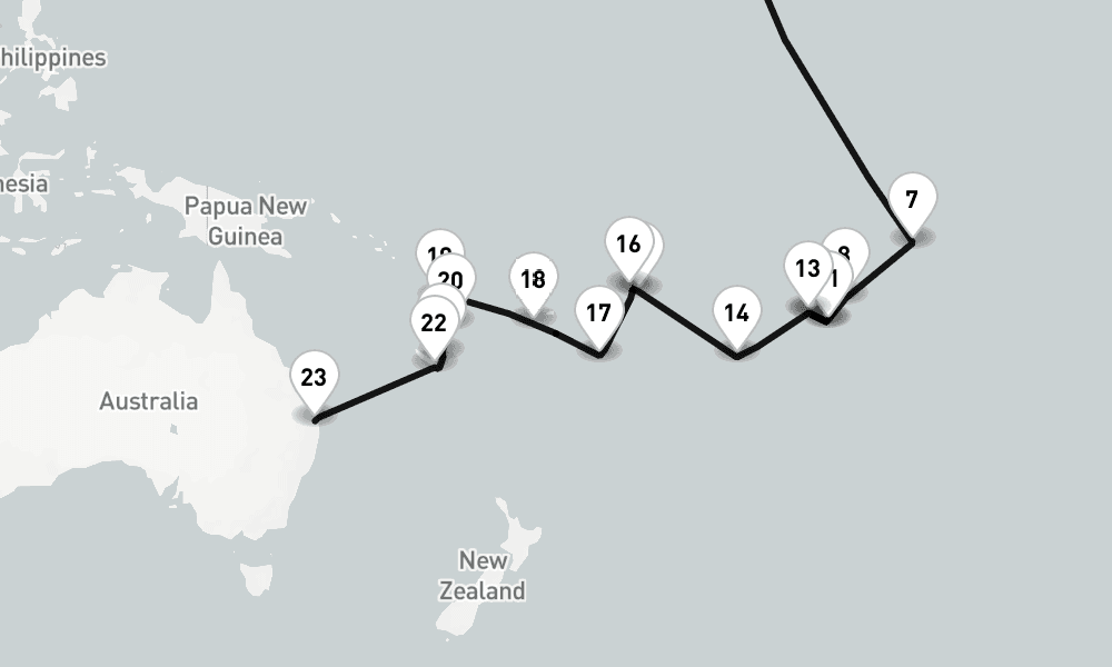 45 nights / 46 days, one-way from Los Angeles (San Pedro / Long Beach) to Brisbane (Queensland, Australia)