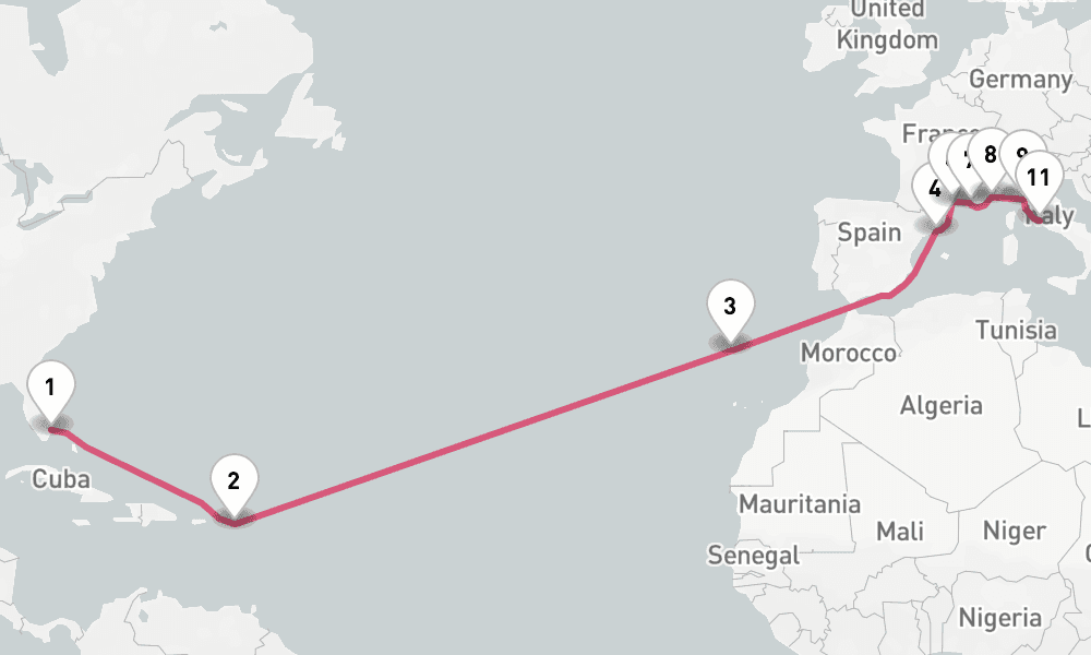 20 nights / 21 days, one-way from Fort Lauderdale (Everglades, Florida) to Civitavecchia (Rome, Italy)
