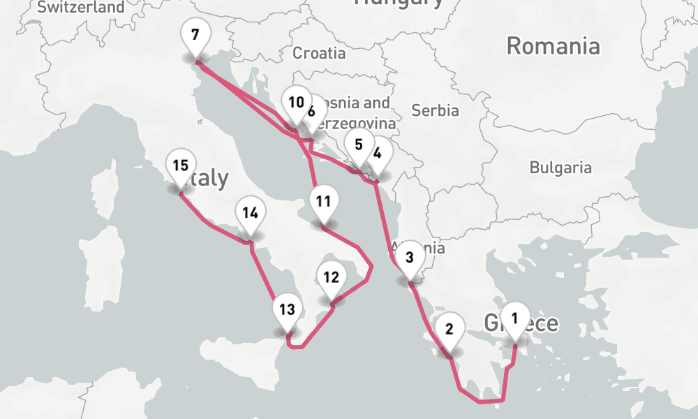 14 nights / 15 days, one-way from Piraeus (Athens, Greece) to Civitavecchia (Rome, Italy)