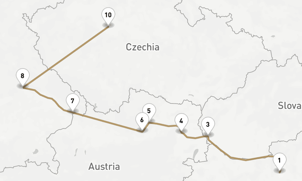 10 nights / 11 days, one-way from Budapest to Prague (Czech Republic)