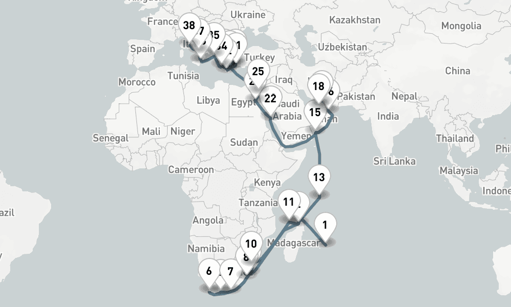 64 nights / 65 days, one-way from Port Louis (Mauritius Island) to Civitavecchia (Rome, Italy)
