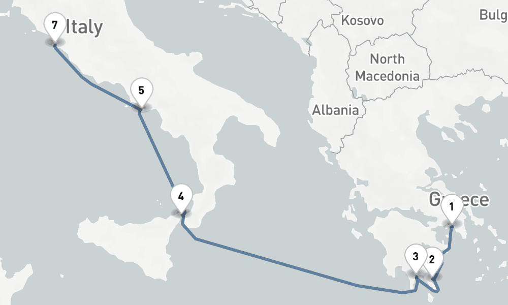 7 nights / 8 days, one-way from Piraeus (Athens, Greece) to Civitavecchia (Rome, Italy)