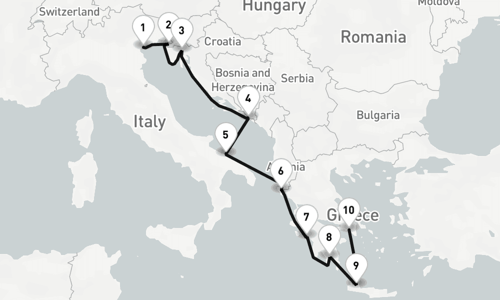 10 nights / 11 days, one-way from Venice to Piraeus (Athens, Greece)