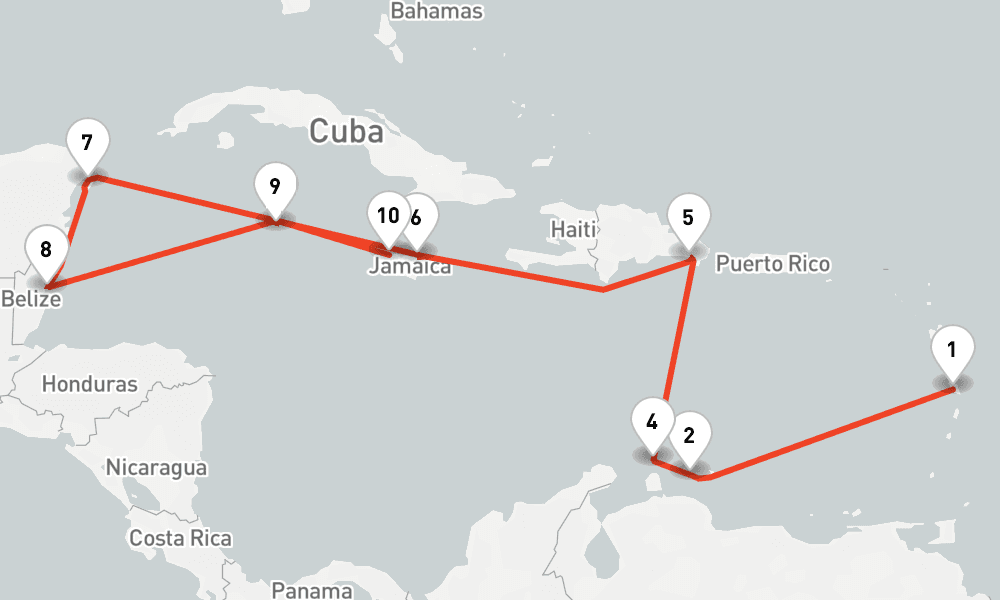 14 nights / 15 days, one-way from Fort-de-France (Martinique) to Montego Bay