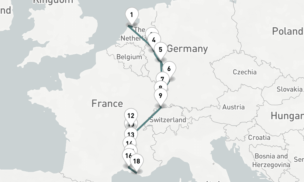 14 nights / 15 days, one-way from Amsterdam (Holland) to Marseille