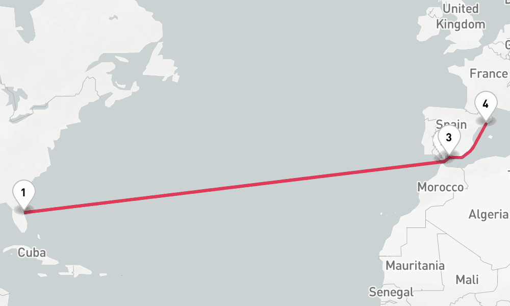 14 nights / 15 days, one-way from Port Canaveral (Orlando, Florida) to Barcelona