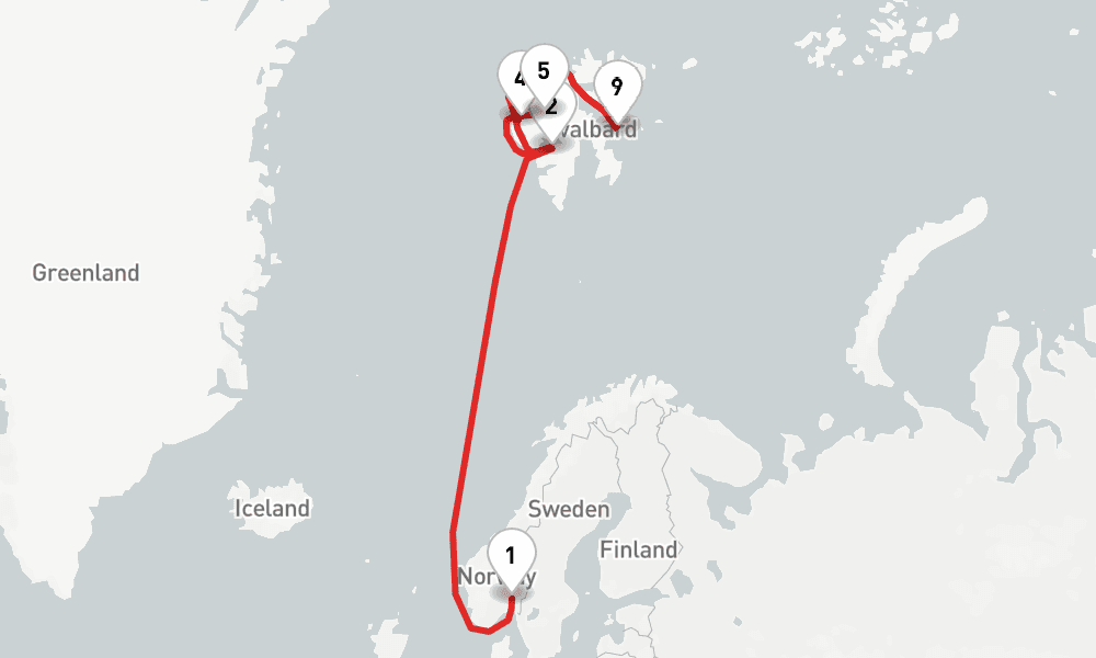 10 nights / 11 days, one-way from Oslo to Longyearbyen (Spitsbergen, Arctic Norway)