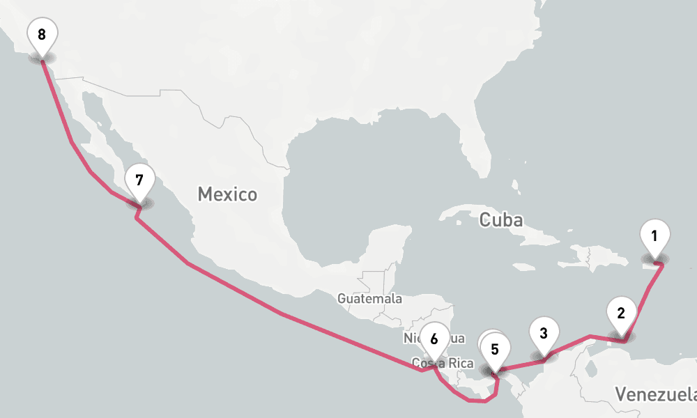 15 nights / 16 days, one-way from San Juan (Puerto Rico) to Los Angeles (San Pedro / Long Beach)