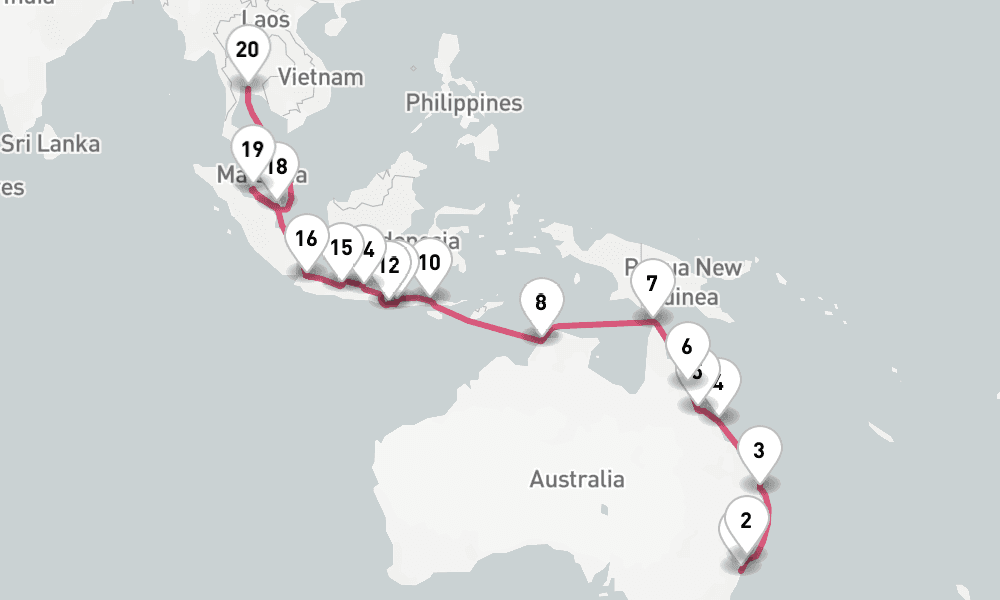 28 nights / 29 days, one-way from Sydney (NSW, Australia) to Laem Chabang (Bangkok, Thailand)