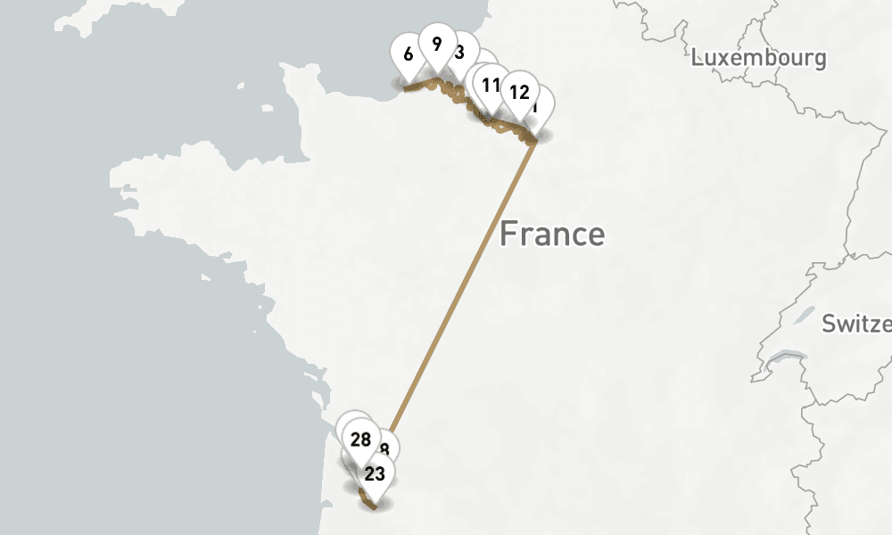 20 nights / 21 days, one-way from Paris to Bordeaux