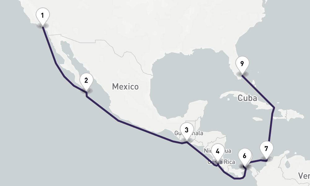 17 nights / 18 days, one-way from Los Angeles (San Pedro / Long Beach) to Miami (Florida)