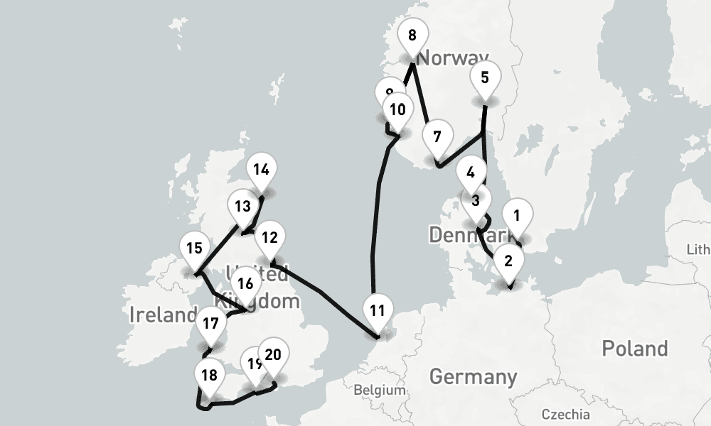 23 nights / 24 days, one-way from Copenhagen to Southampton (England)