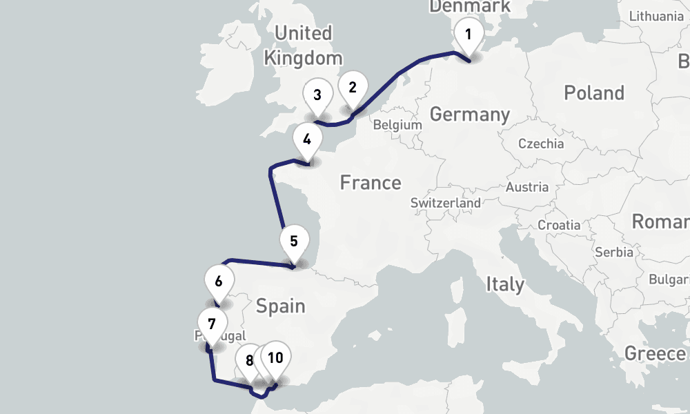 13 nights / 14 days, one-way from Hamburg to Malaga