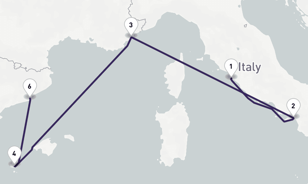 6 nights / 7 days, one-way from Civitavecchia (Rome, Italy) to Barcelona