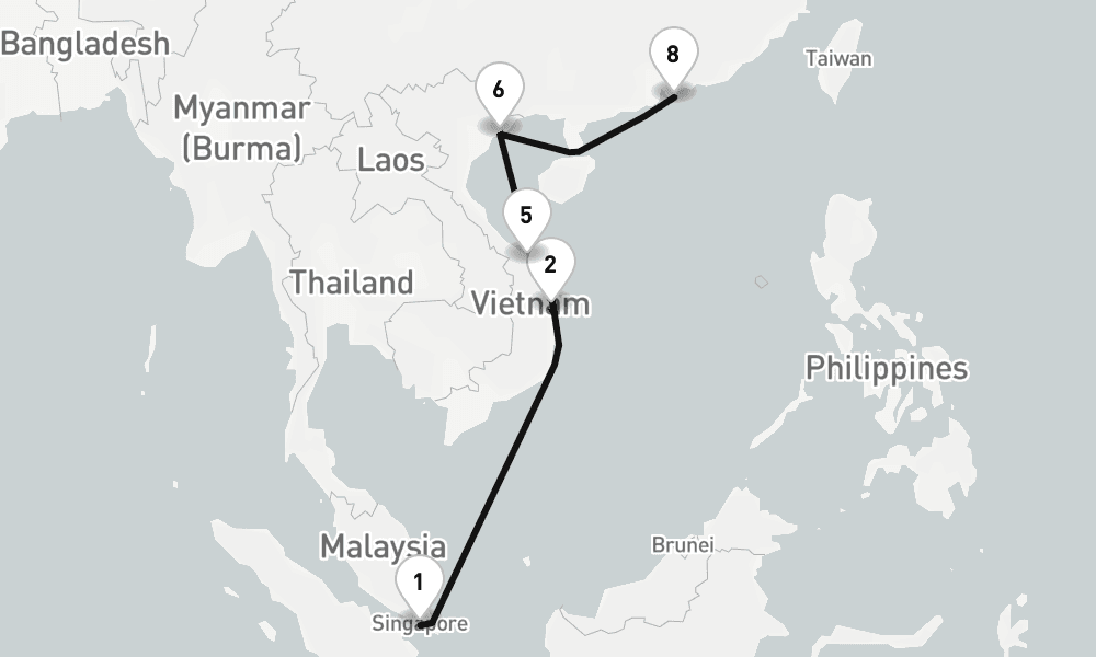 14 nights / 15 days, one-way from Singapore to Hong Kong