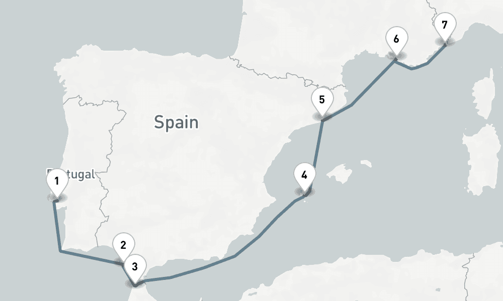 7 nights / 8 days, one-way from Lisbon to Monte Carlo (Monaco, France Riviera)