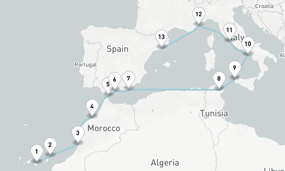 14 nights / 15 days, one-way from Las Palmas (Gran Canaria, Canary Islands) to Barcelona