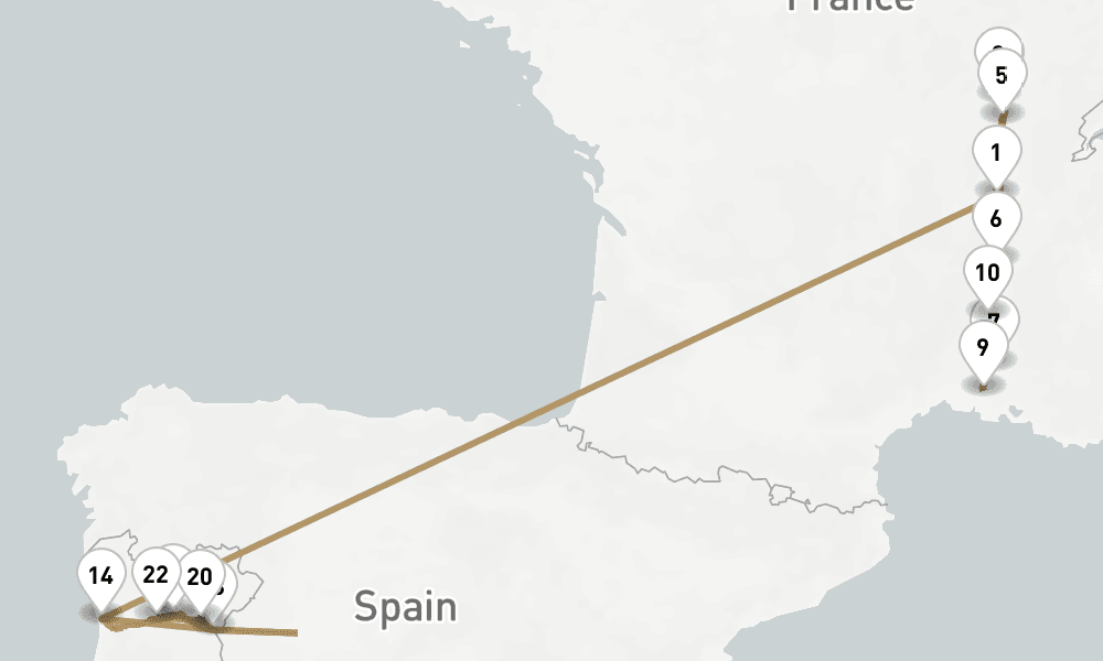 17 nights / 18 days, one-way from Lyon to Porto