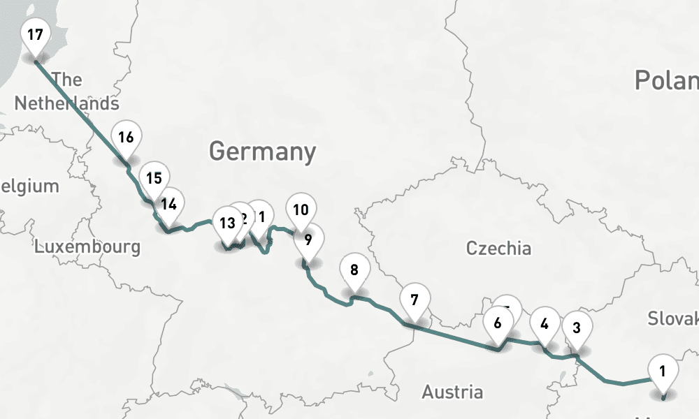 14 nights / 15 days, one-way from Budapest to Amsterdam (Holland)