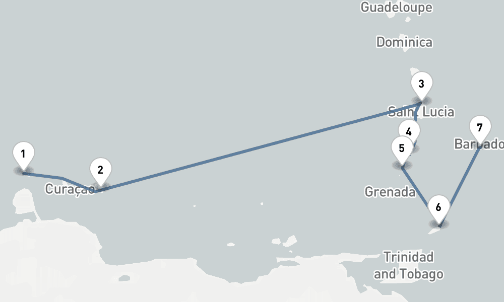 7 nights / 8 days, one-way from Oranjestad (Aruba Island, Dutch Antilles) to Bridgetown (Barbados)