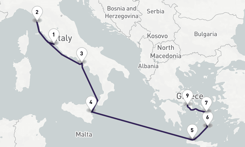 10 nights / 11 days, one-way from Civitavecchia (Rome, Italy) to Piraeus (Athens, Greece)