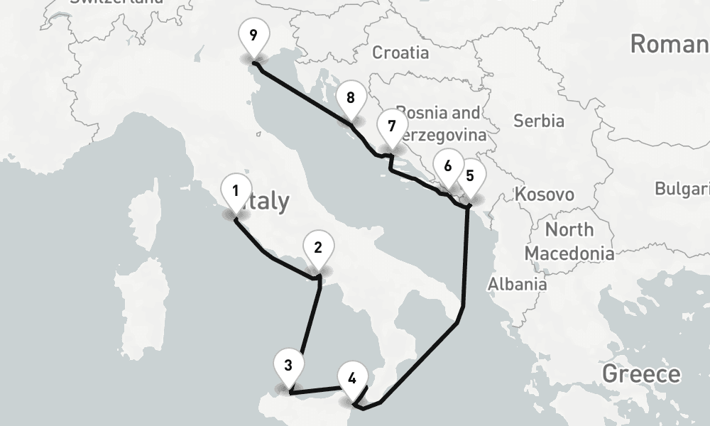 9 nights / 10 days, one-way from Civitavecchia (Rome, Italy) to Venice