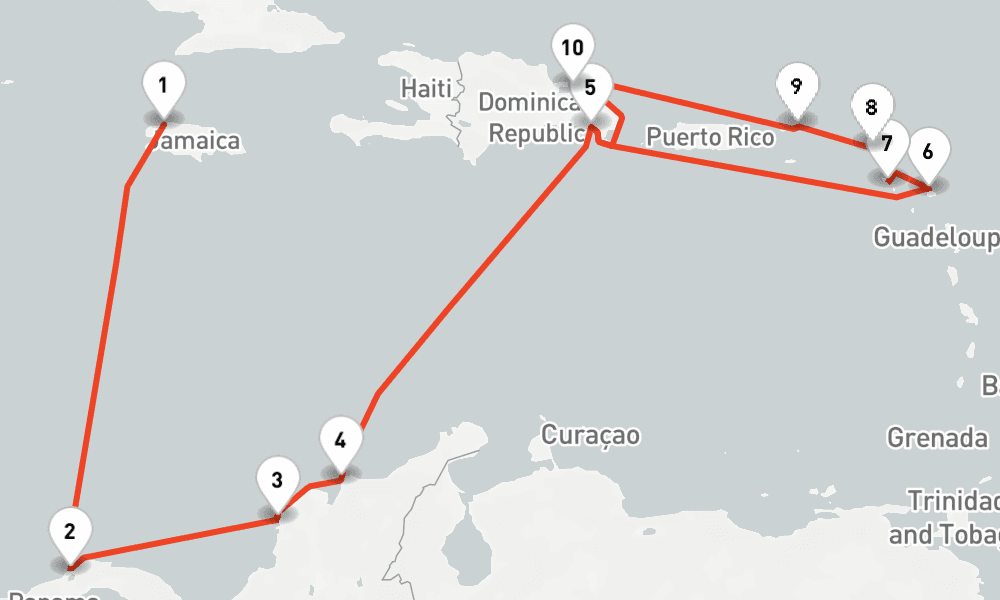 13 nights / 14 days, one-way from Montego Bay to La Romana (Dominican Republic)