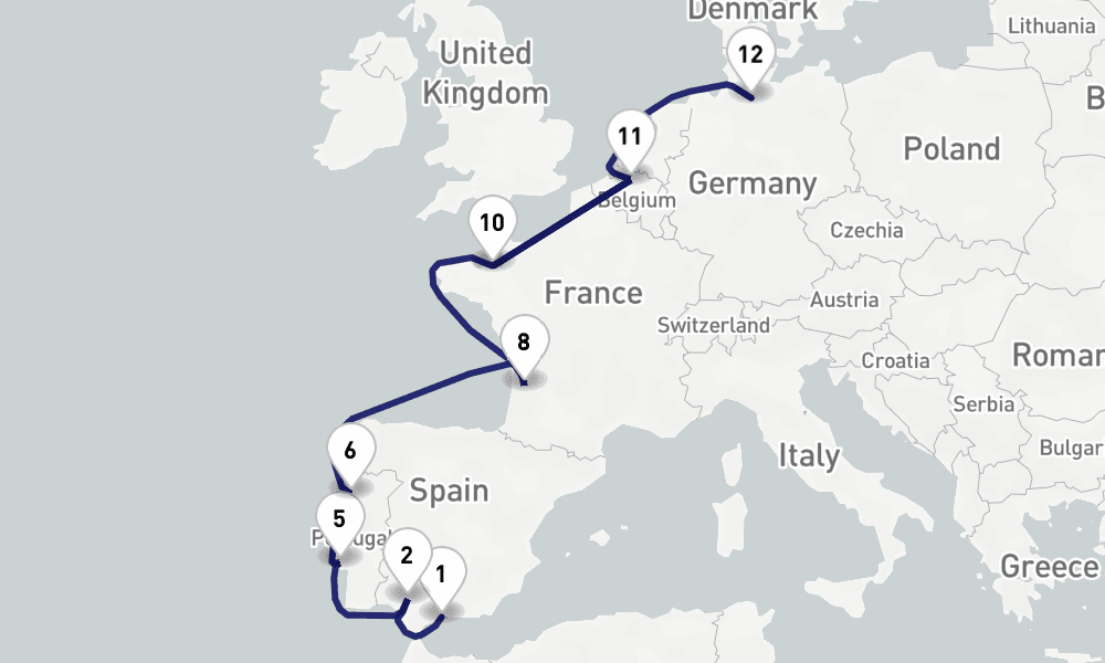 15 nights / 16 days, one-way from Malaga to Hamburg